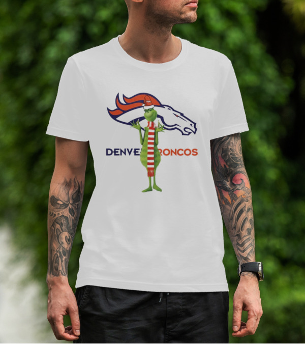 Grinch In Santa Hat And Scarf With Denver Broncos T-Shirt