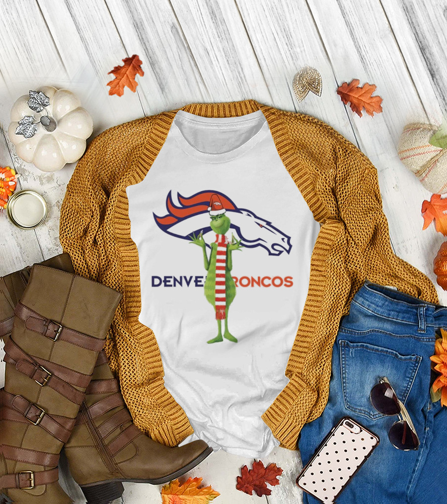 Grinch in Santa Hat and Scarf with Denver Broncos T-Shirt