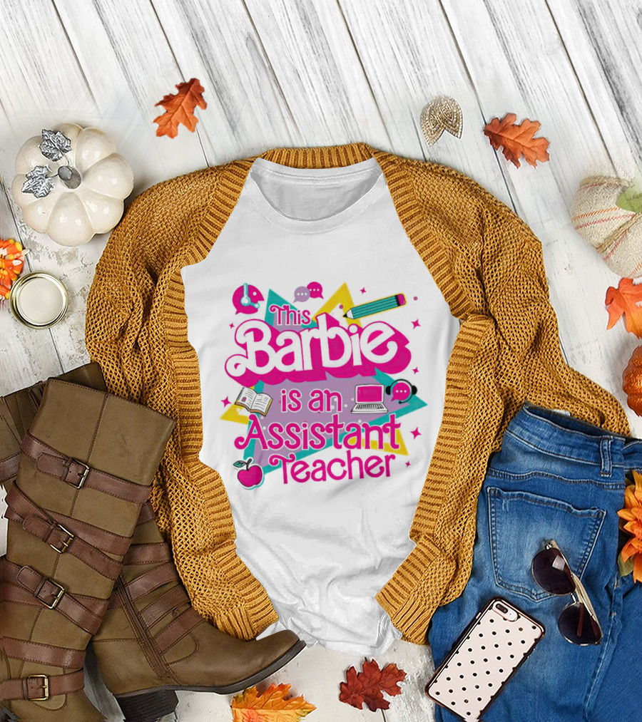 This Barbie is an Assistant Teacher with Headphones Pencil Book Laptop Apple T-Shirt