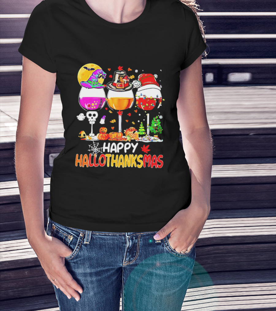Happy Hallothanksmas Wine Halloween Thanksgiving Christmas T-Shirt