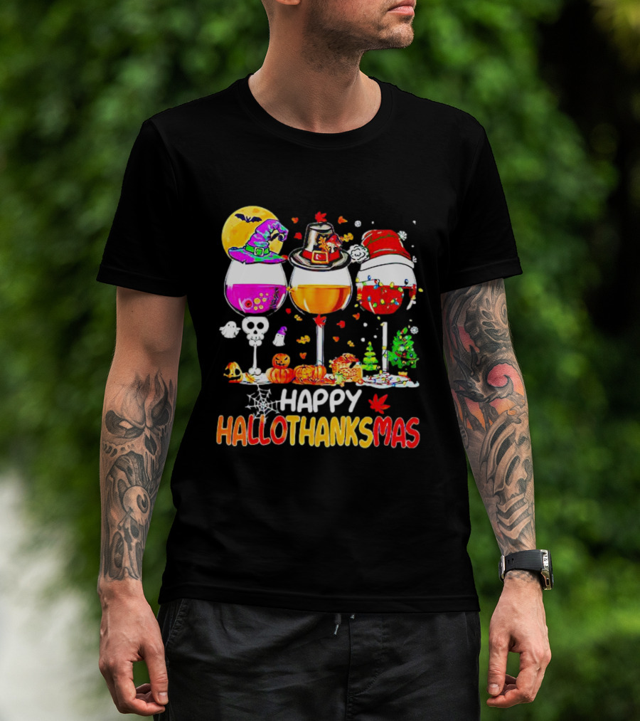 Happy Hallothanksmas Wine Halloween Thanksgiving Christmas T-Shirt