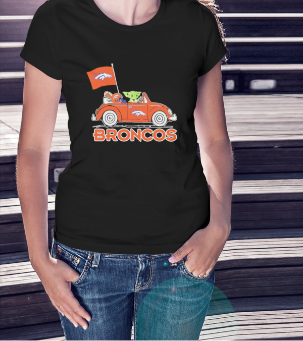 Yoda With Helmet In Denver Broncos Car With Flag T-Shirt