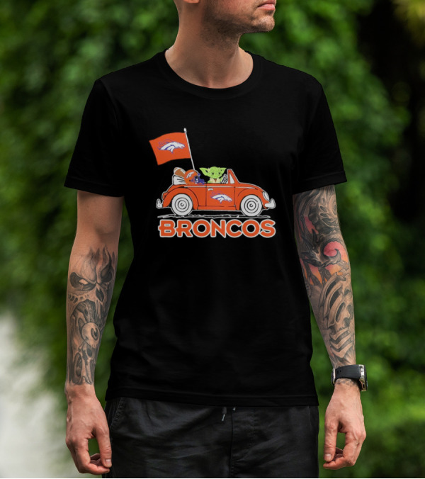 Yoda With Helmet In Denver Broncos Car With Flag T-Shirt