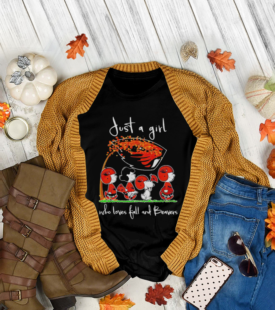 Just a Girl Who Loves Fall and Beavers Peanuts Characters in Football Gear T-Shirt