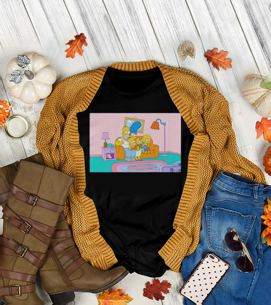 The Simpsons Family Sitting on Couch Retro Style Scene T-Shirt