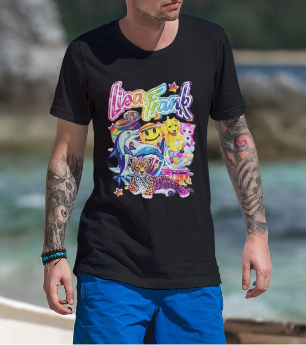 Lisa Frank Dolphins Leopard Smiley Face Rainbow Puppies T-Shirt