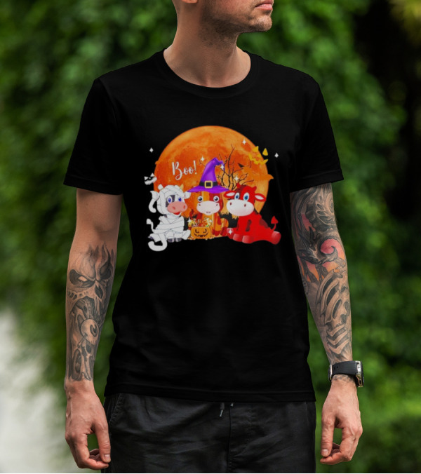 Boo Three Cow Halloween With Witch Hat Mummy And Devil In Front Of Full Moon T-Shirt