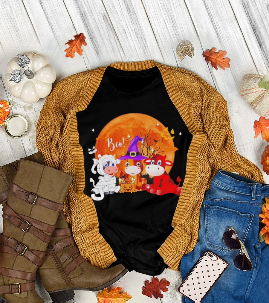 Boo Three Cow Halloween with Witch Hat Mummy and Devil in Front of Full Moon T-Shirt