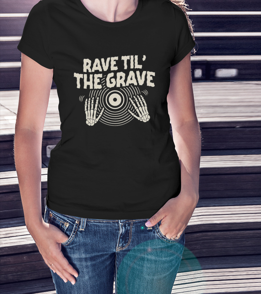 Rave Til' The Grave Skeleton Hands On Vinyl Record T-Shirt