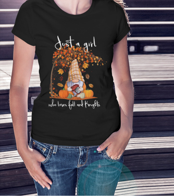 Just A Girl Who Loves Fall And Knights With Gnome And Autumn Leaves T-Shirt