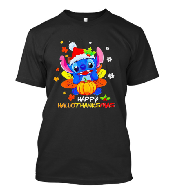 Stitch Happy Hallothanksmas Santa Hat Pumpkin Leaves Snowflakes T-Shirt