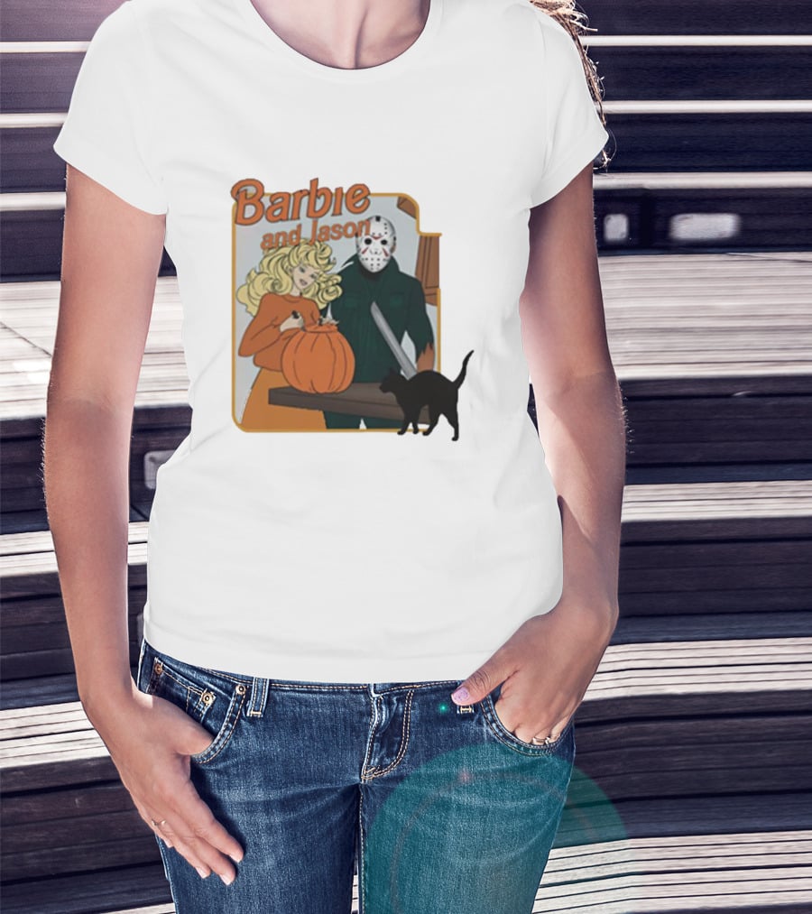 Barbie And Jason Halloween Pumpkin Carving With Black Cat T-Shirt