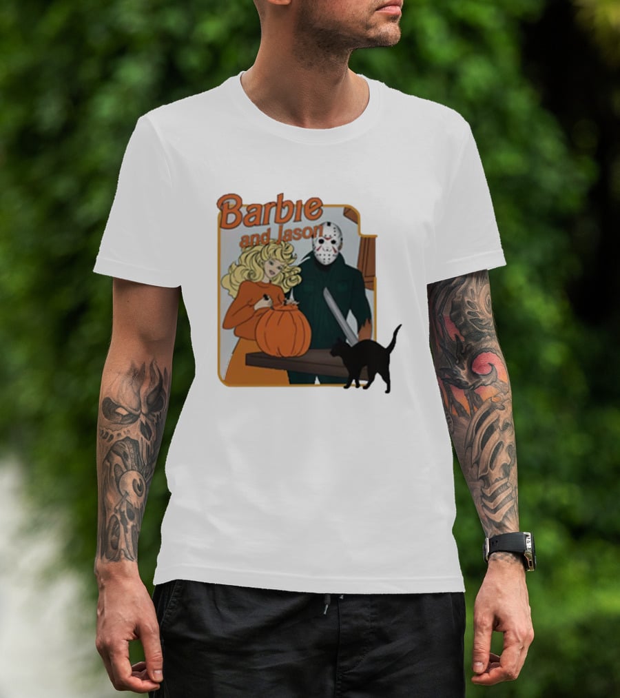 Barbie And Jason Halloween Pumpkin Carving With Black Cat T-Shirt
