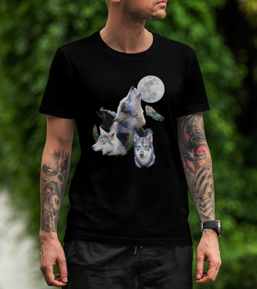 Gas Station Wolf Howling At Full Moon Trio T-Shirt
