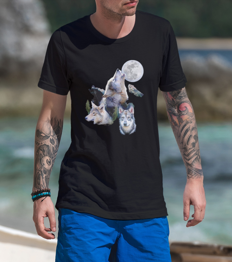 Gas Station Wolf Howling At Full Moon Trio T-Shirt