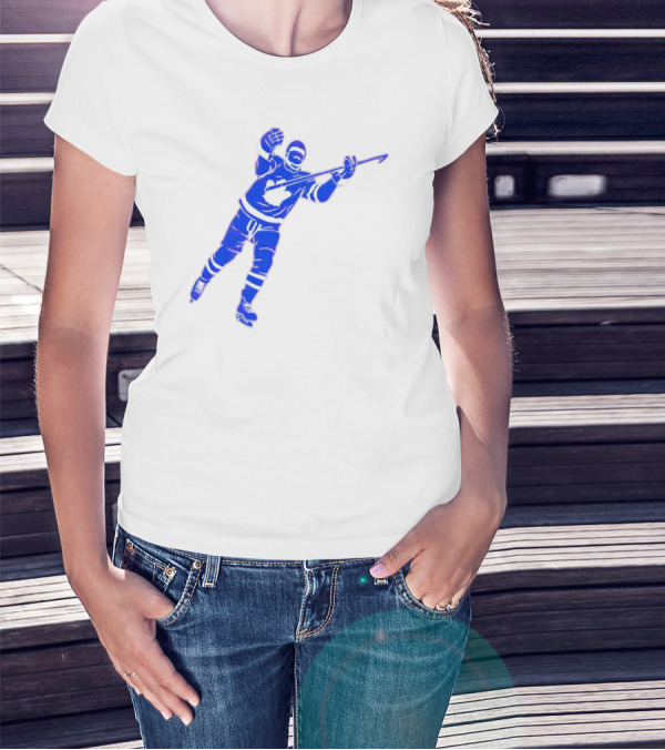 Auston Matthews Celebratory Pose Toronto Maple Leafs Player In Blue And White Hockey Gear T-Shirt