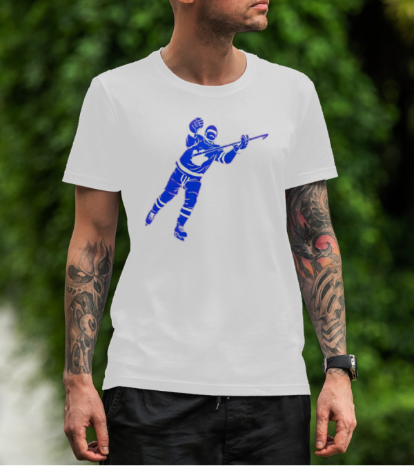 Auston Matthews Celebratory Pose Toronto Maple Leafs Player In Blue And White Hockey Gear T-Shirt