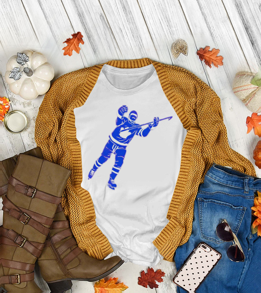 Auston Matthews Celebratory Pose Toronto Maple Leafs Player in Blue and White Hockey Gear T-Shirt
