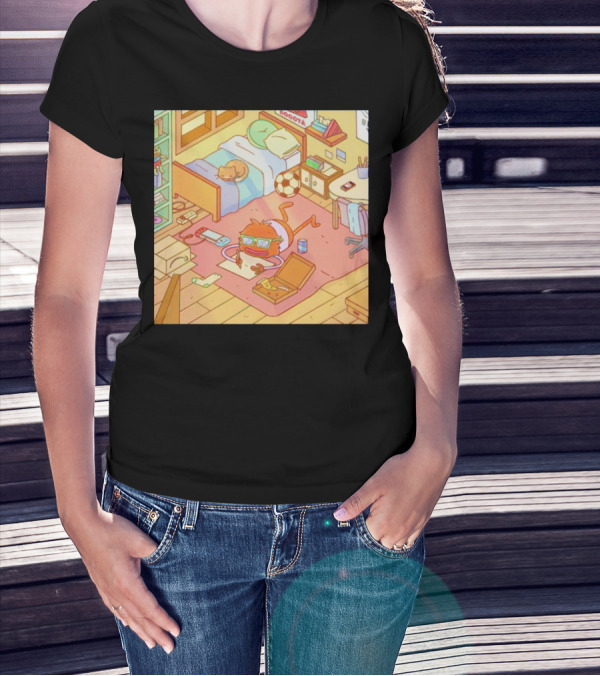 Chillin' Wolfi Gaming Bedroom With Cat And Pizza T-Shirt
