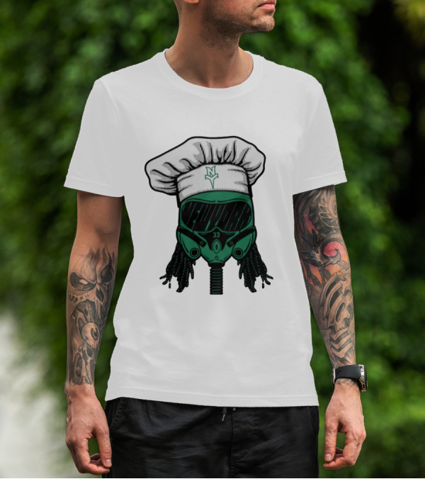 Jet Pilot Cook Chef Hat And Mask With Green Helmet And Braids T-Shirt