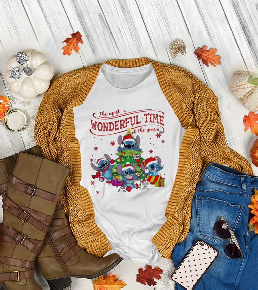 Stitch Christmas Wonderful Time of the Year with Tree and Gifts T-Shirt