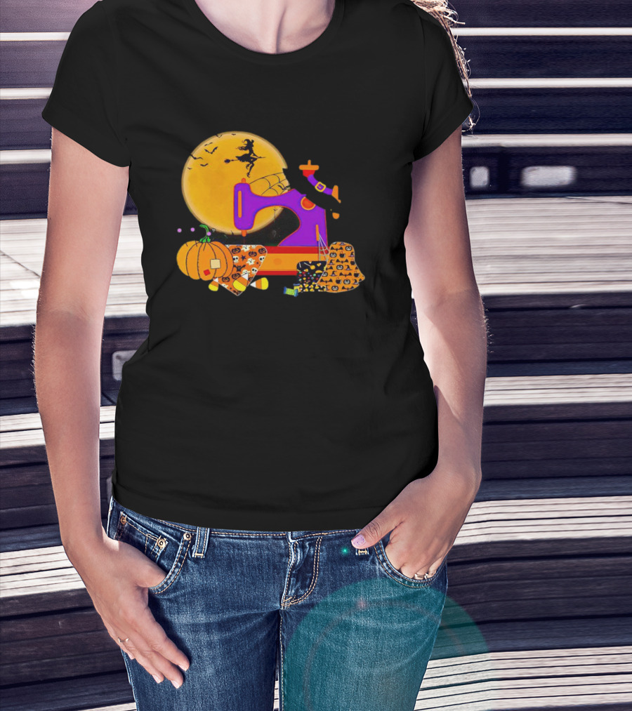 Halloween Witch Flying Over Sewing Machine With Pumpkins And Patchwork T-Shirt