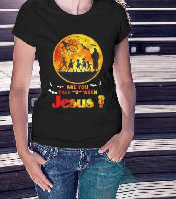 Are You Fall O Ween Jesus Halloween Silhouette With Bats And Tree T-Shirt