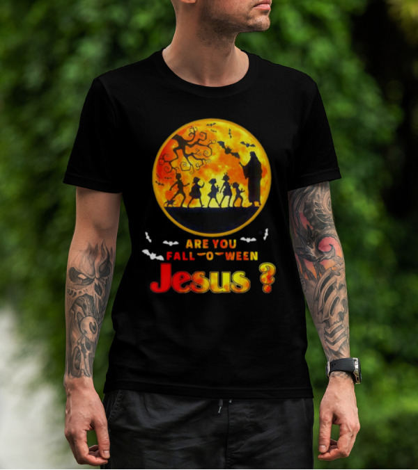 Are You Fall O Ween Jesus Halloween Silhouette With Bats And Tree T-Shirt