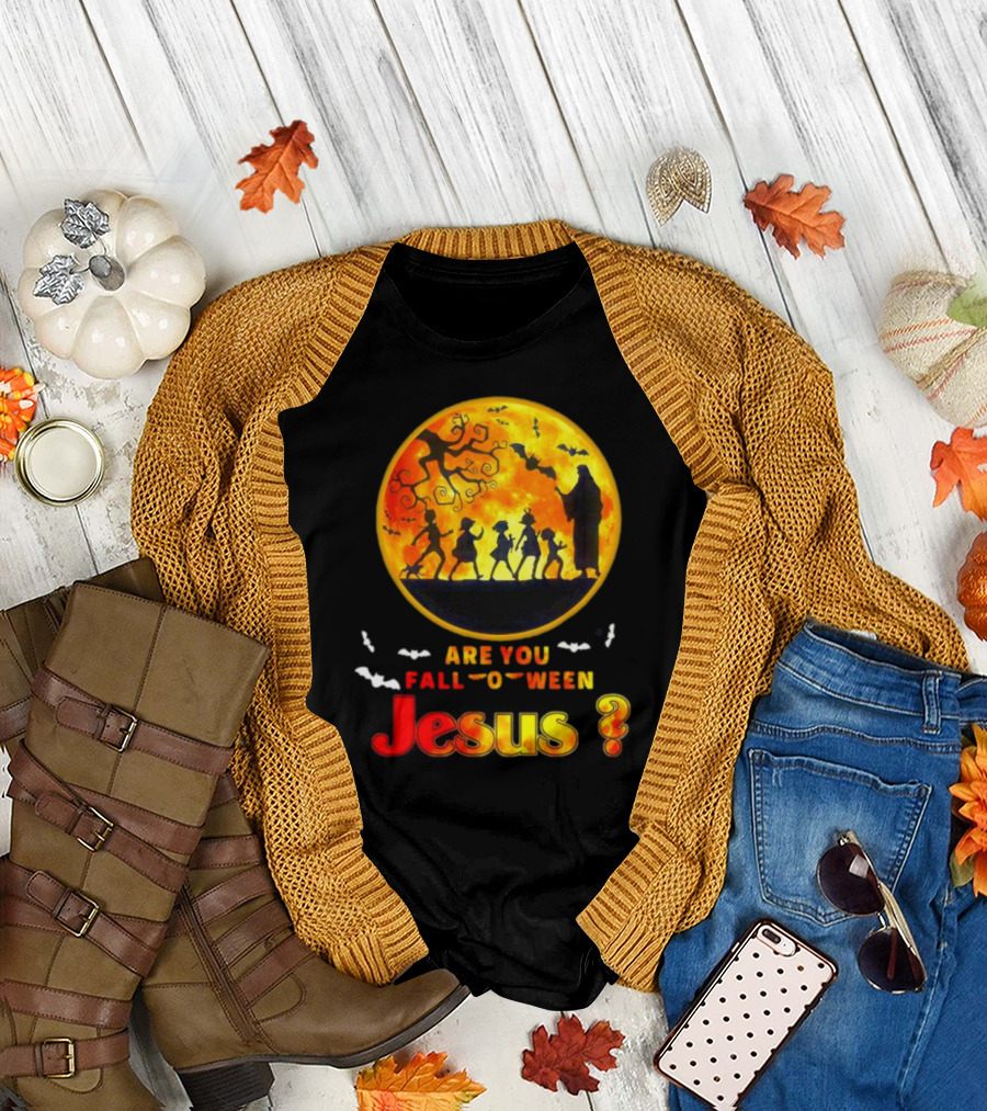 Are You Fall O Ween Jesus Halloween Silhouette with Bats and Tree T-Shirt