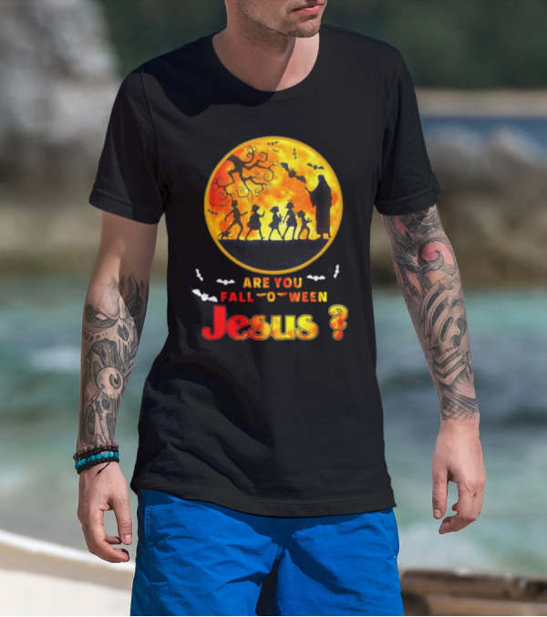 Are You Fall O Ween Jesus Halloween Silhouette With Bats And Tree T-Shirt