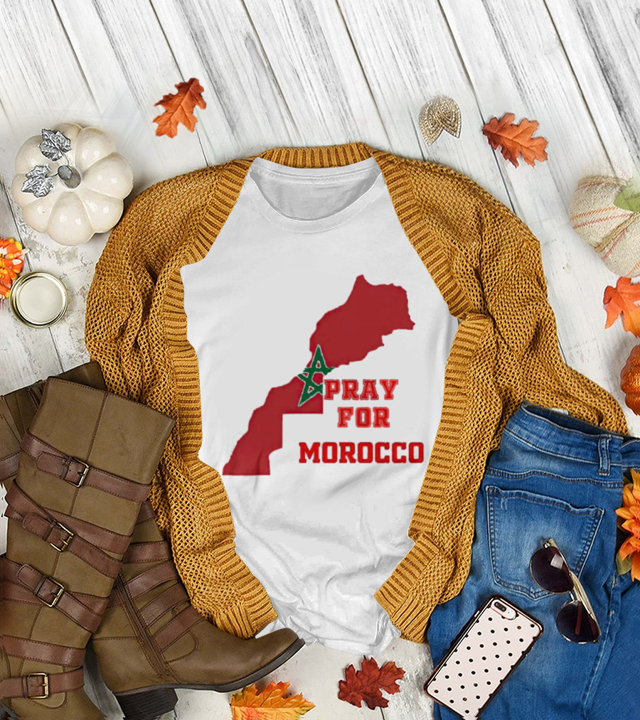 Pray for Morocco Map with Green Star and Red T-Shirt