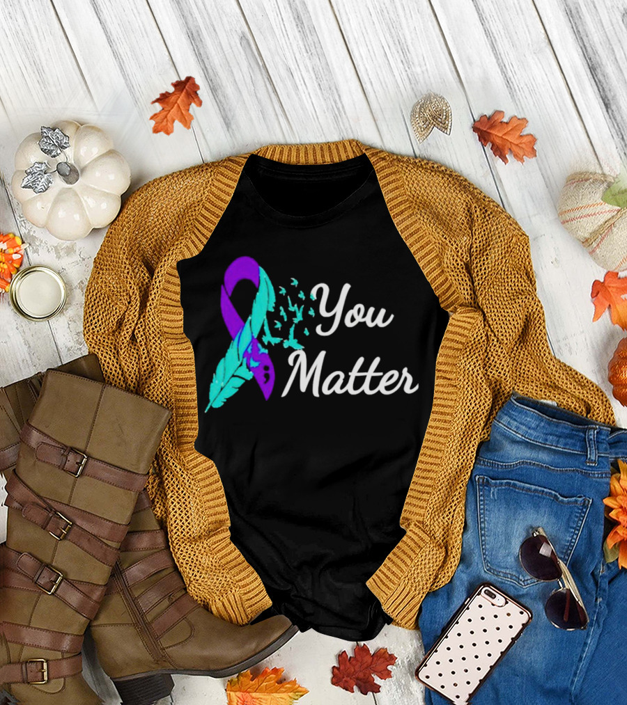 You Matter Suicide Prevention Purple Teal Ribbon Feather and Birds T-Shirt