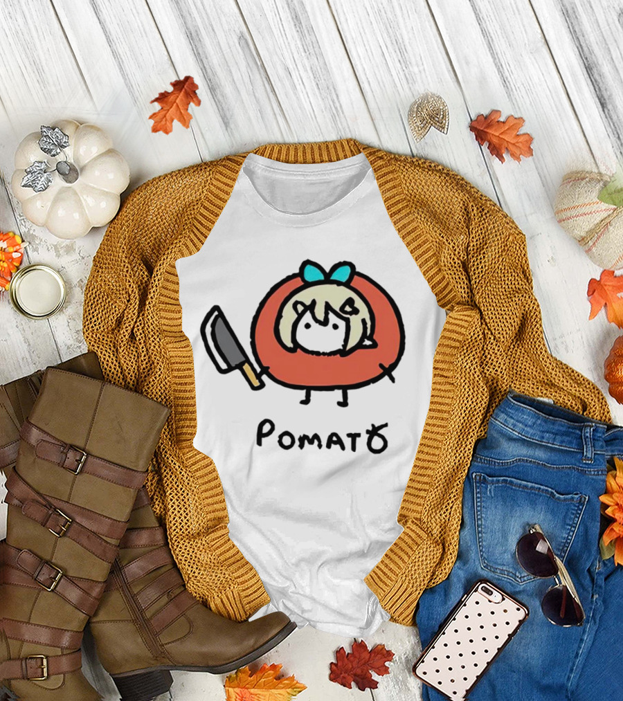 Pomato Tuna Character with Knife and Blue Bow T-Shirt