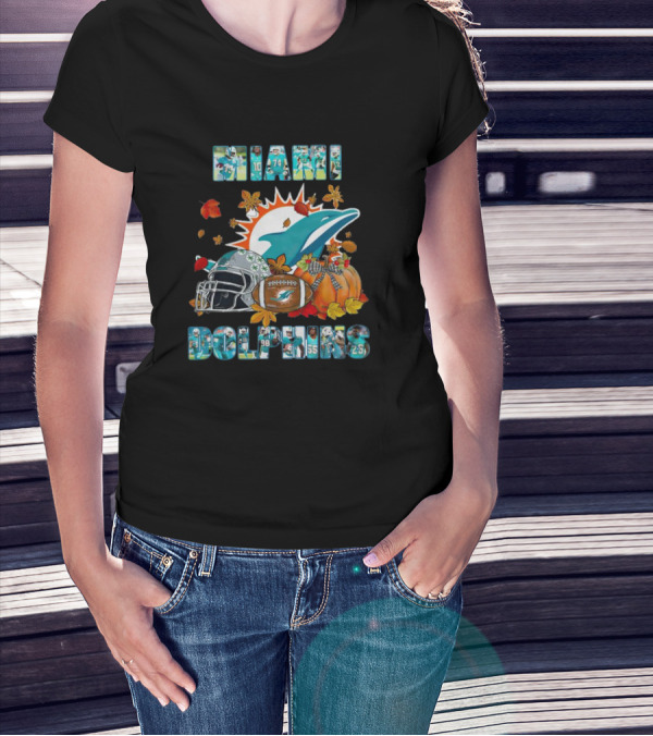 Miami Dolphins Autumn Football Helmet And Pumpkin Leaves T-Shirt