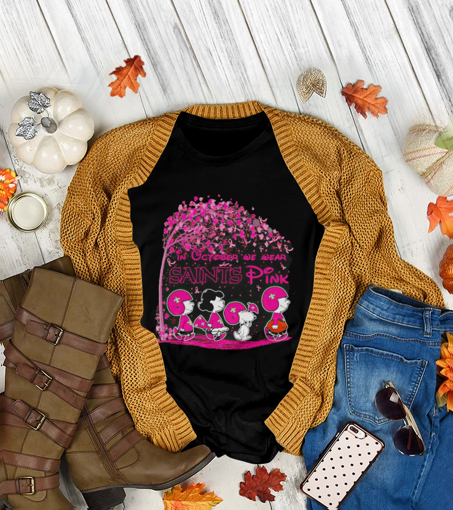 Peanuts Characters In October We Wear Saints Pink Breast Cancer Awareness T-Shirt