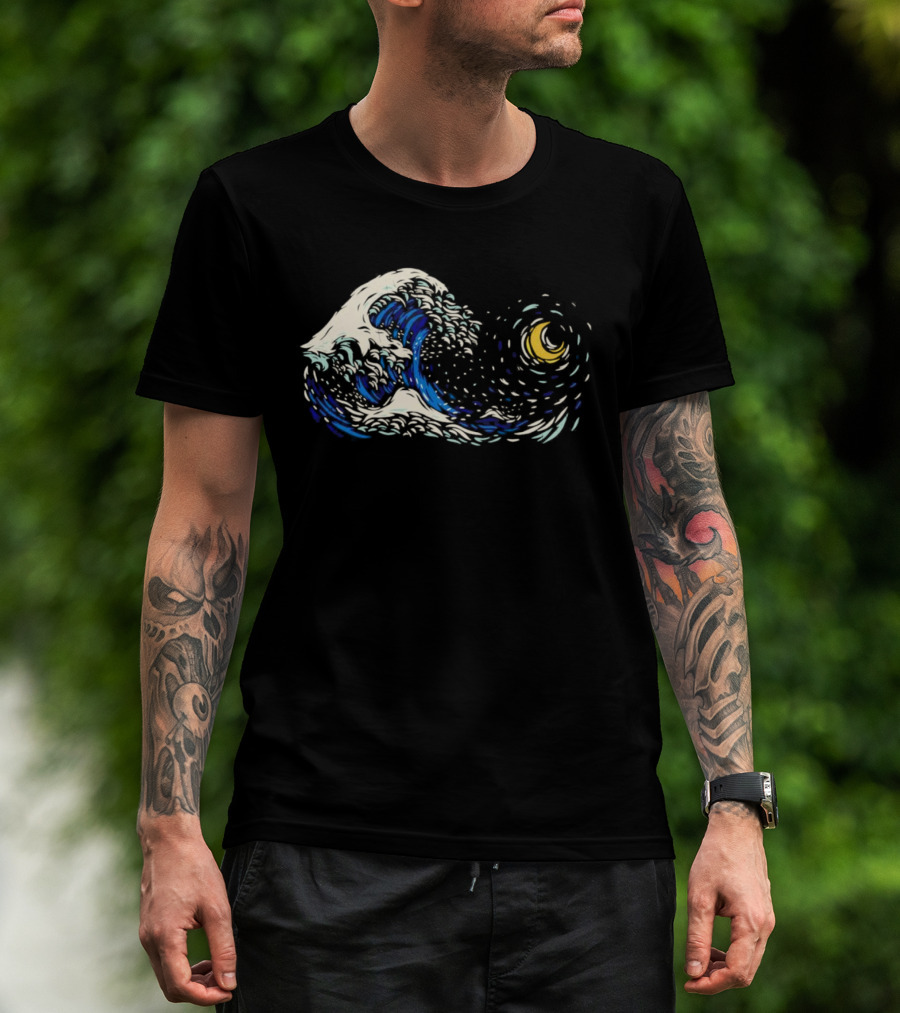 Starry Night Meets Great Wave Fusion T-Shirt