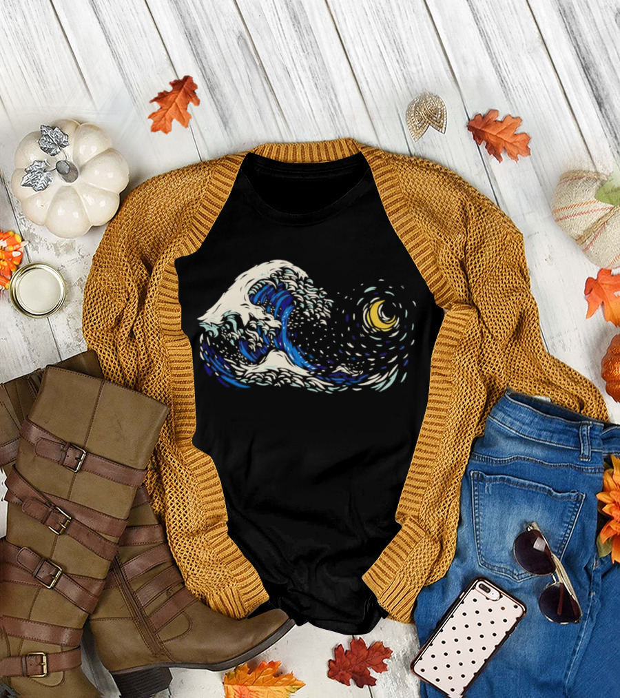 Starry Night Meets Great Wave Fusion T-Shirt