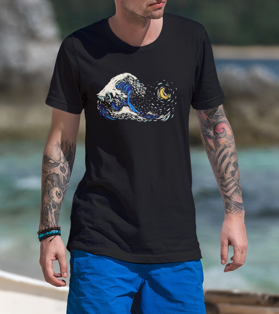 Starry Night Meets Great Wave Fusion T-Shirt