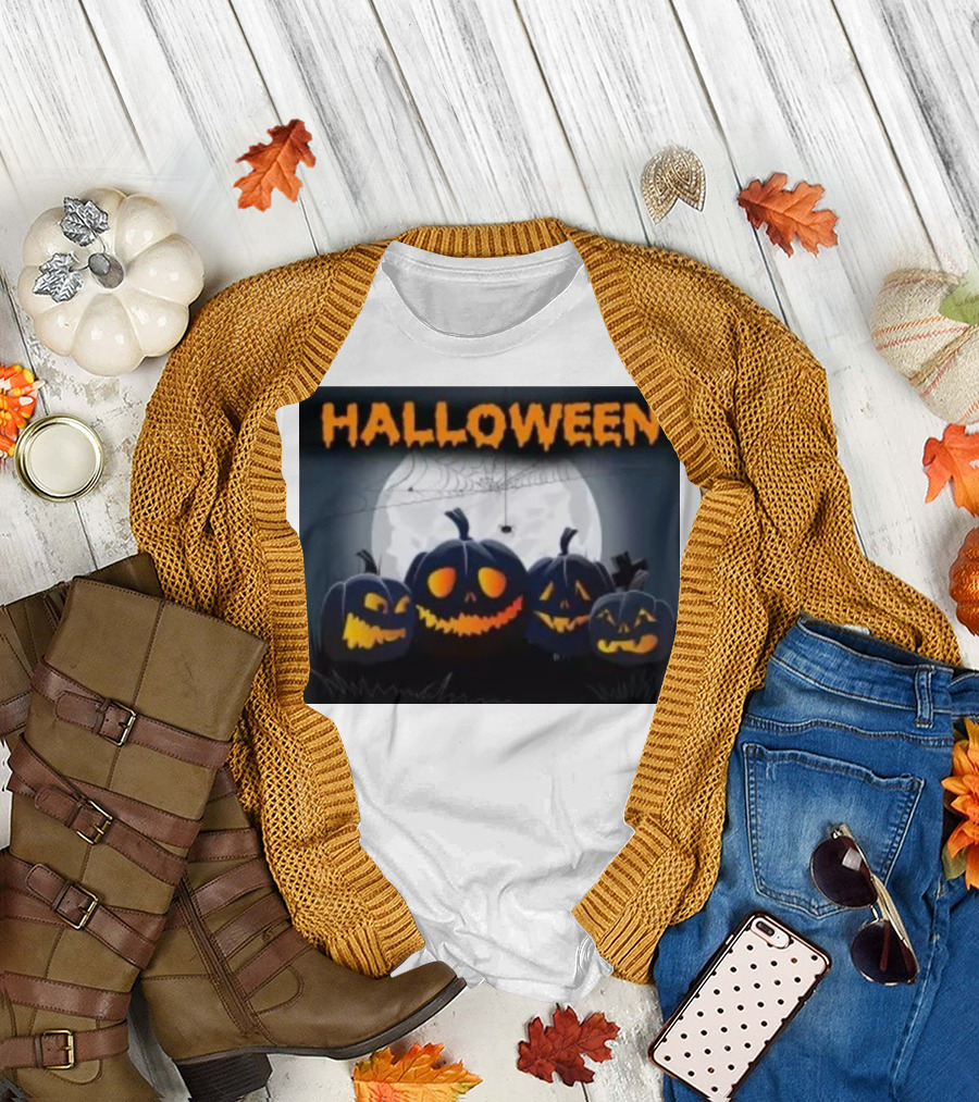 Halloween Horror Pumpkin Picture Moonlit Night Scene T-Shirt