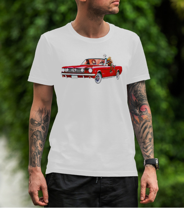 Horror Movie Icons In Red Mustang Car Driving Scene T-Shirt