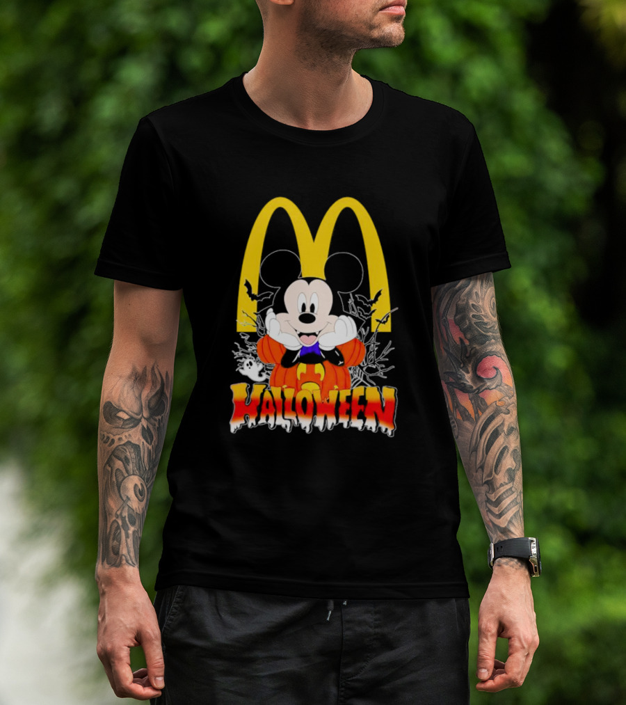 Mickey Mouse Halloween Pumpkin McDonald's Logo With Bats T-Shirt