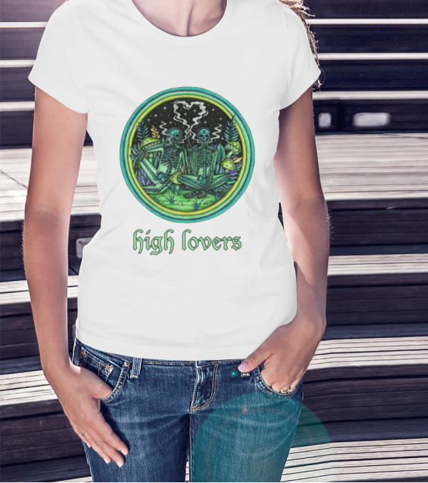 High Lovers Skeletons In Psychedelic Forest Scene T-Shirt
