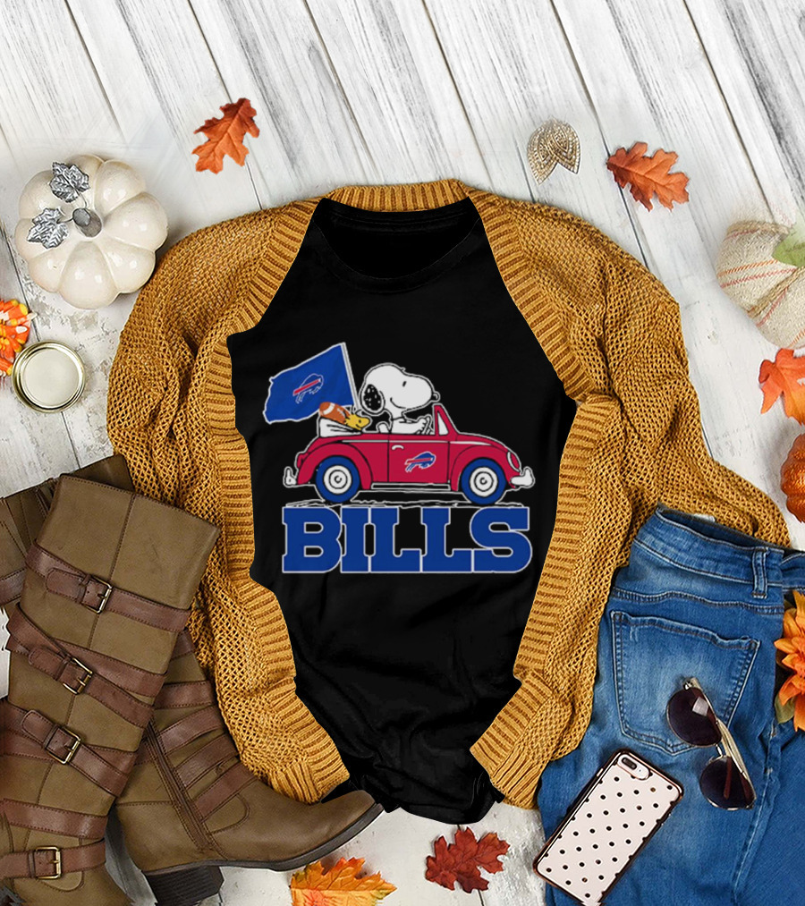 Snoopy Woodstock Driving Red Car Buffalo Bills Flag T-Shirt