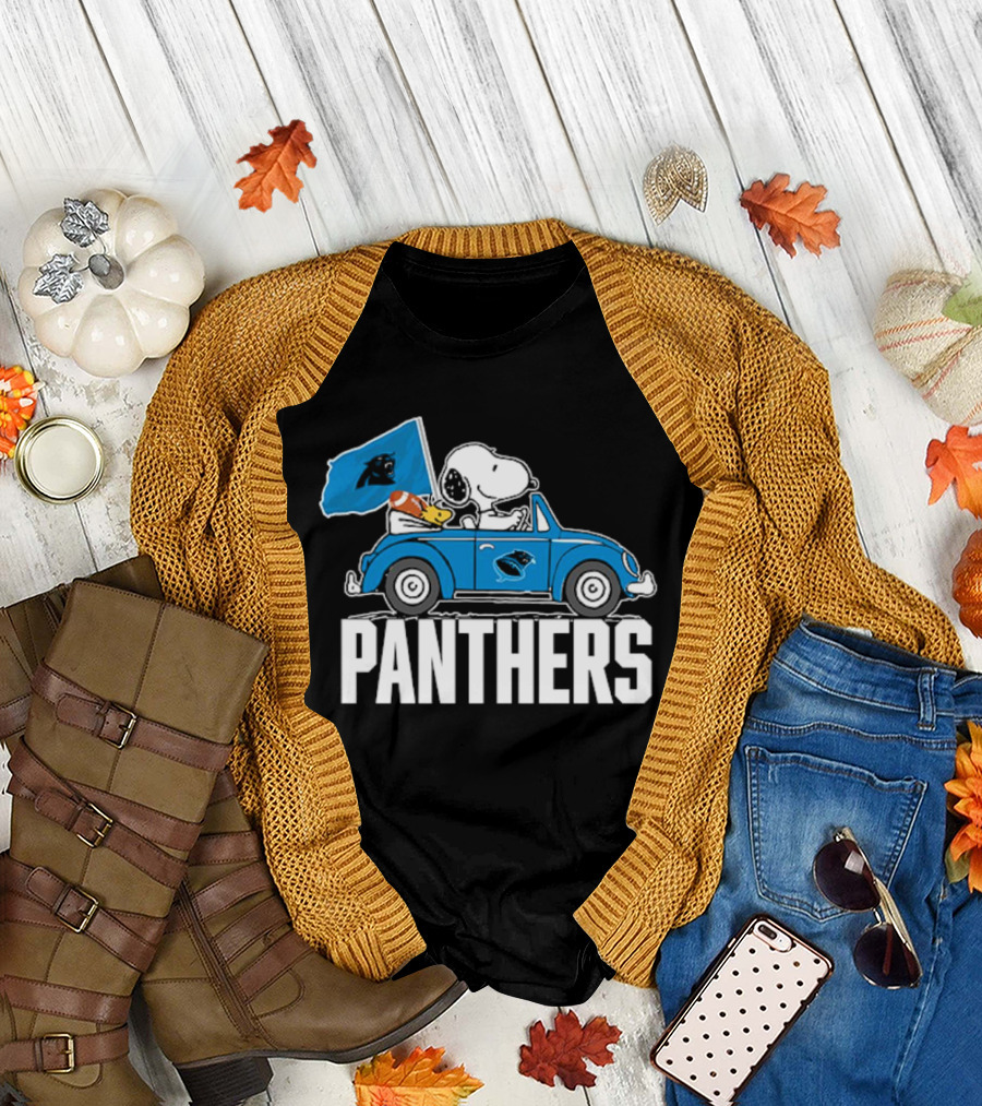 Snoopy and Woodstock Driving Car Panthers Flag T-Shirt