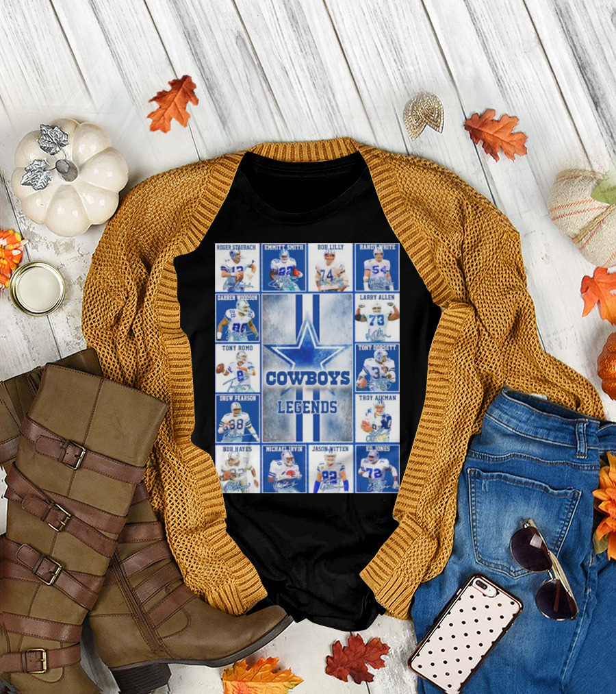 Cowboys Legends Emmitt Smith Troy Aikman Michael Irvin Tony Romo Randy White Larry Allen Tony Dorsett Star Signatures T-Shirt