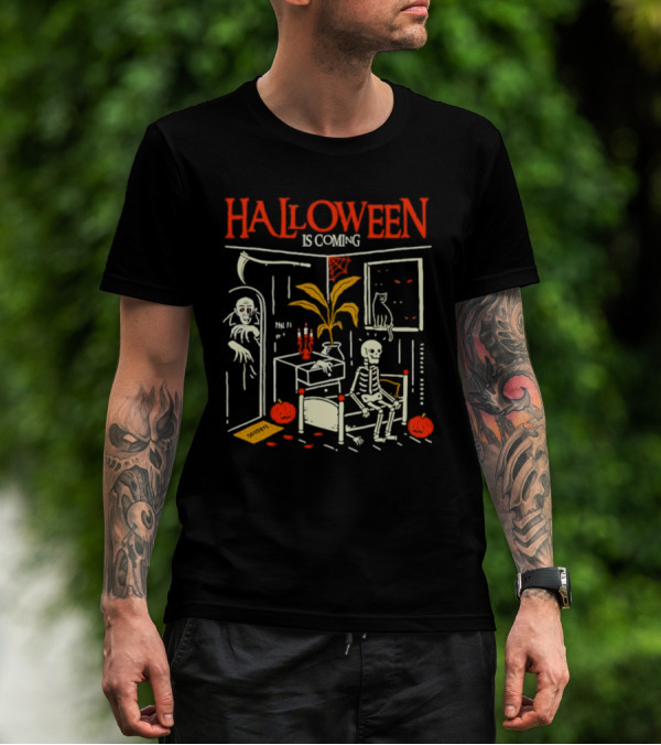 Halloween Is Coming Skeleton With Ghost And Pumpkins In Spooky Room T-Shirt