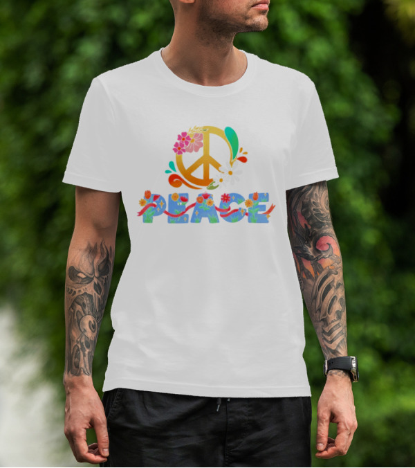 Peace Sign With Flower And Colorful Floral Lettering For International Day Of Peace T-Shirt