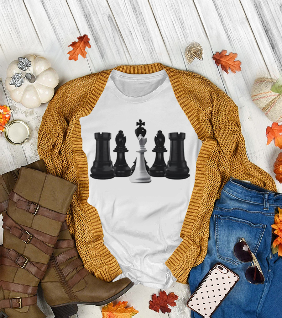 The Chess Grandmaster White King Surrounded by Black Rooks and Bishops T-Shirt
