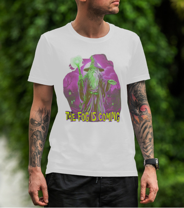 The Fog Is Coming Wizard With Green Staff And Purple Background T-Shirt