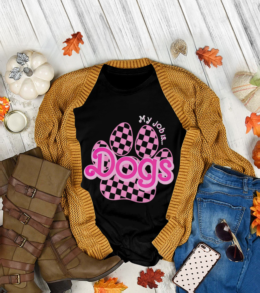 Barbie My Job Is Dogs Pink Checkered Paw Prints T-Shirt